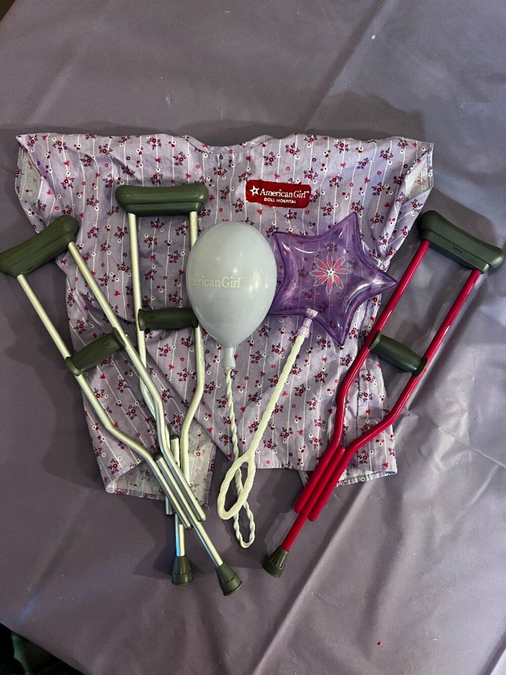 American Girl Doll Hospital Lot Gown Crutches Casts Balloons Retired 18โ Doll